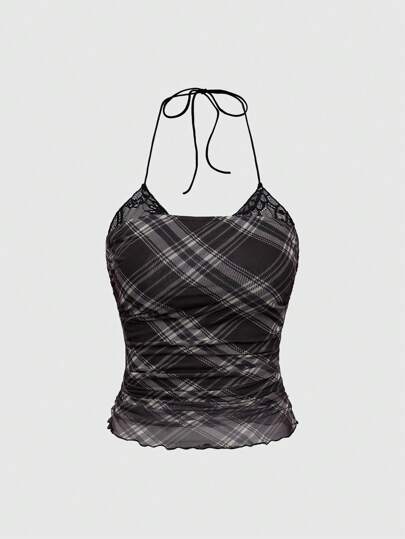 J-Fashion Women Vintage YK Plaid Lace Patchwork Mock Neck Camisole