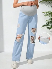 SHEIN Adjustable Waist Ripped Casual Straight Leg Maternity Jeans - Light Wash - View 1