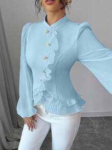 Elenzga Áo sơ mi nữ tay dài cài nút phía trước màu trơn đơn giản, mặc hàng ngày - Màu xanh lam - Xem 4