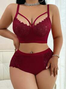 Snug Zone 2pcs Plus Size Contrast Lace Wireless Bra Set Lingerie, Lift - Burgundy - View 4