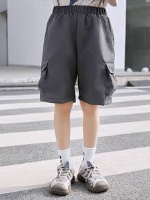 SHEIN Tween Boy Casual Solid Color Elastic Waist Cargo Pocket Loose Shorts, Suitable For Daily Outings, Shopping, Walking, Gatherings, Campus, Community Activities, Shopping Trips And More