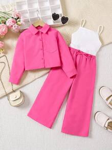 SHEIN 年轻女孩休闲时尚条纹长袖衬衫+背心+直筒裤3件套 - 玫紅色 - 查看 1