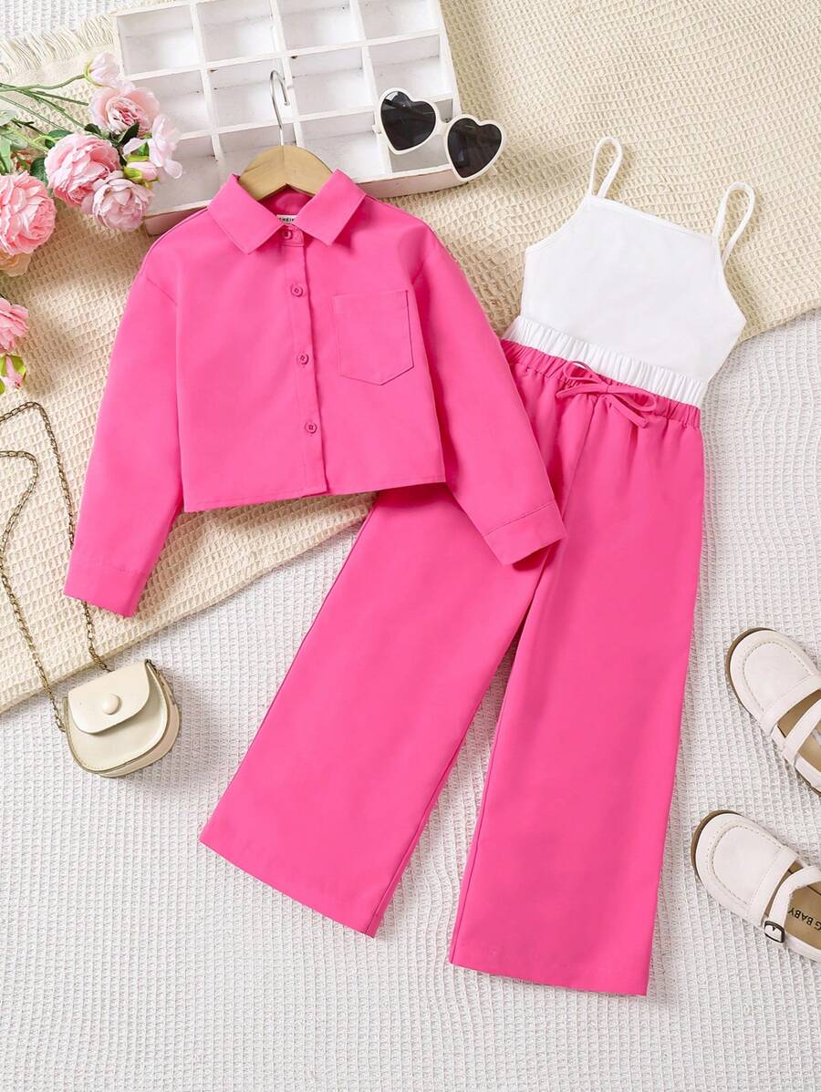 SHEIN 年轻女孩休闲时尚条纹长袖衬衫+背心+直筒裤3件套 - 玫紅色 - 查看 1