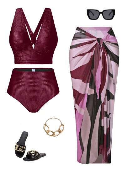 Swim Oasis Plus Size Solid Color Bikini Set With Bra, Swim Trunks & Tie Skirt For Beach Holiday, 3pcs,Summer Beach