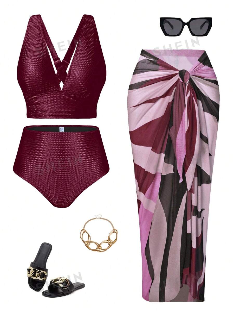 Swim Oasis Conjunto de bikini de unicolor con sujetador, pantalones cortos de baño y falda con lazo para vacaciones en la playa, 3 piezas, verano en la playa