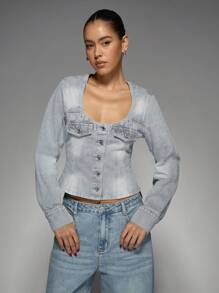 MISSGUIDED Scoop Neck Cropped Denim Jacket Button-Front Fitted Classic Y2K Style Spring Summer Fashion Everyday Casual Wear Transitional Outerwear - Grey - View 1