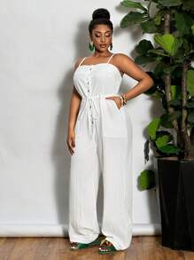 Slaydiva Versatile Minimalist White Casual All-Match Sexy Essentialist Plus Size Women Strappy Textured Fabric Knitted Jumpsuit, Suitable For Spring/Summer