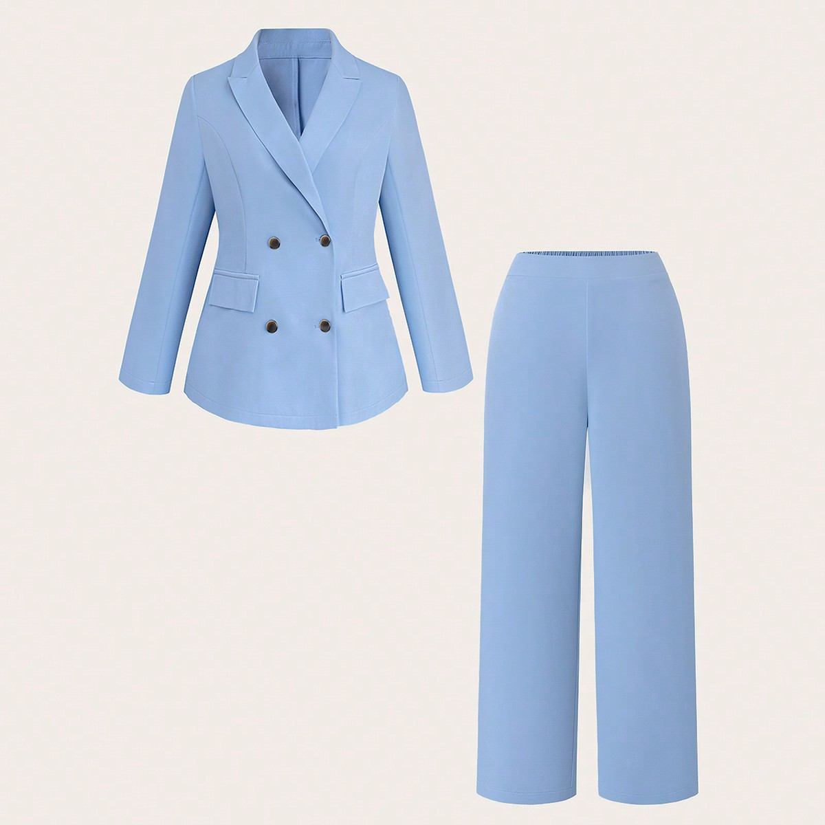 Damen Business Lässig Anzug Set in Große Größen, Blazer mit Doppelreihe und gerade geschnittene Hose, blau, Frühling/Herbst - SHEIN - Modalova