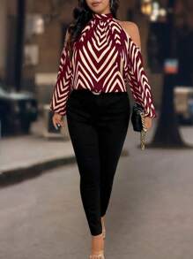 大码女式条纹露肩长袖宽松时尚衬衫 - 紅色 - 查看 4