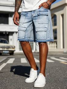 Manfinity Homme 男式多口袋磨边休闲牛仔短裤 - 藍色 - 查看 4