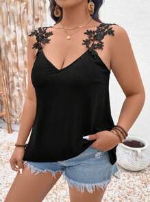 SHEIN LUNE Plus Size Women V-neck Floral Lace Tank Top, swobodny strój wakacyjny na lato