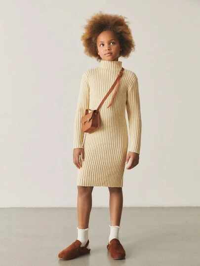 Tween Girls Turtleneck Ribbed Knee-Length Long Sleeve Sweater Dress, Suitable For Autumn/Winter