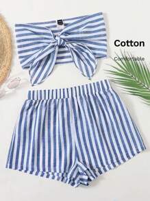 Soleia WYWH Vacation Two Pieces Striped Knot Front Crop Tube Blue&White Off Shoulder Top & Shorts Two Pieces