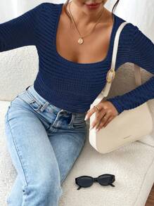 SHEIN Frenchy Women U-Neck Solid Color Long Sleeve Casual Top, Daily Wear