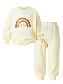 2pcs Young Girls Cute Casual Round Neck Long Sleeve Sweatshirt & Pants Set, Suitable For Daily, Holiday, Festival Occasions