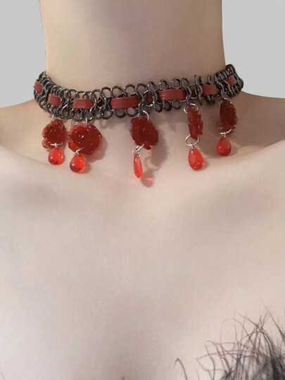 Goth قلادة خانق بتصميم وردة وشرابات للنساء، تصميم جوتيك أنيق، هدية للعيد، الأم، عيد الأم، عيد الهالوين