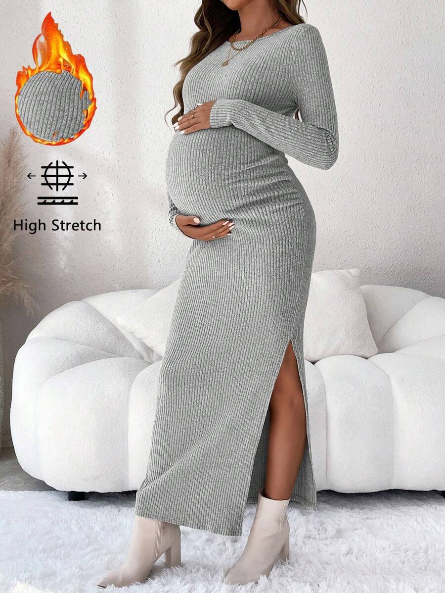 SHEIN 孕妇圆领长袖侧开衩紧身连衣裙