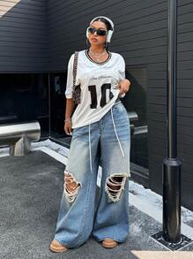 SHEIN ICON Y2K Washed Non-Stretch Loose Wide Leg Ripped Jeans - Light Wash - View 1