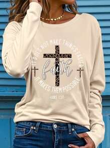 Plus Size Women Long Sleeve Inspirational Faith Quote Polyester Tee ,Casual Crew Neck Slight Stretch Knit Fabric Pullover For Fall For Spring - Apricot - View 1