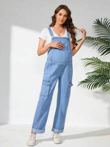 SHEIN Denim-Latzhose mit breiten Trägern, Knöpfen und Taschen, einfach und lässig für schwangere Frauen