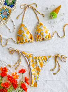 Soleia 2pcs Women's Colorful Floral Graphic Shirred Bikini Set,Swim Suits For Women,Vacation Outfit Women,Summer Outfits For Women,Beach Outfits For Women