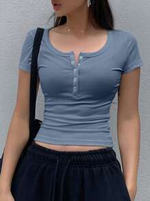 Dazy Star 女士纯色纽扣半襟修身休闲短袖 T 恤，蓝色上衣 - 藍色 - 查看 4