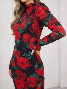 SHEIN Clasi Valentine's Day Spring Of Summer Valentine's Day Elegant Women's Long Sleeved Red Romantic Rose Mesh Sleeve Pleated, Side Slit Waist Cinching Dress, Suitable For Valentine's Day Dressing - Multicolor - View 8