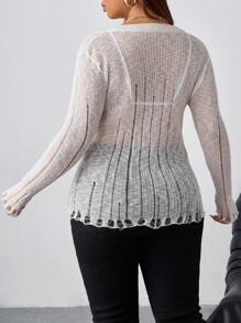 INAWLY Plus Size Women's Solid Color V-Neck Long Sleeve Distressed Slim Fit Pullover Sweater, For Winter Knit Pullover Fall - Beige - View 2