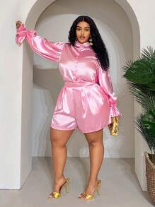 Slaydiva Conjunto informal de 2 piezas de top de manga larga con cuello alto y shorts de unicolor en talla grande