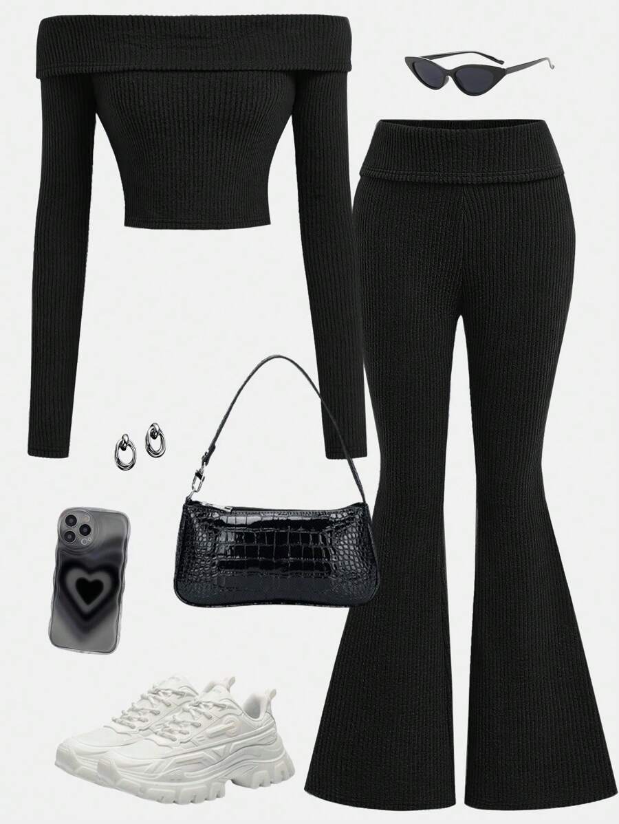 Girlism Teen Girls Black Ribbed Off Shoulder Foldover Collar Low Waist Flare Pants Casual Streetwear 2pcs Set