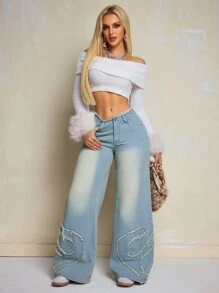 SHEIN SXY Jeans casual a gamba larga con design a frange e tasche, vestibilità morbida per le donne