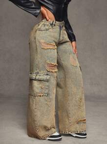 SHEIN SXY Women's Front Button Pocket Ripped Minimalist Casual Jeans - Blue - View 1