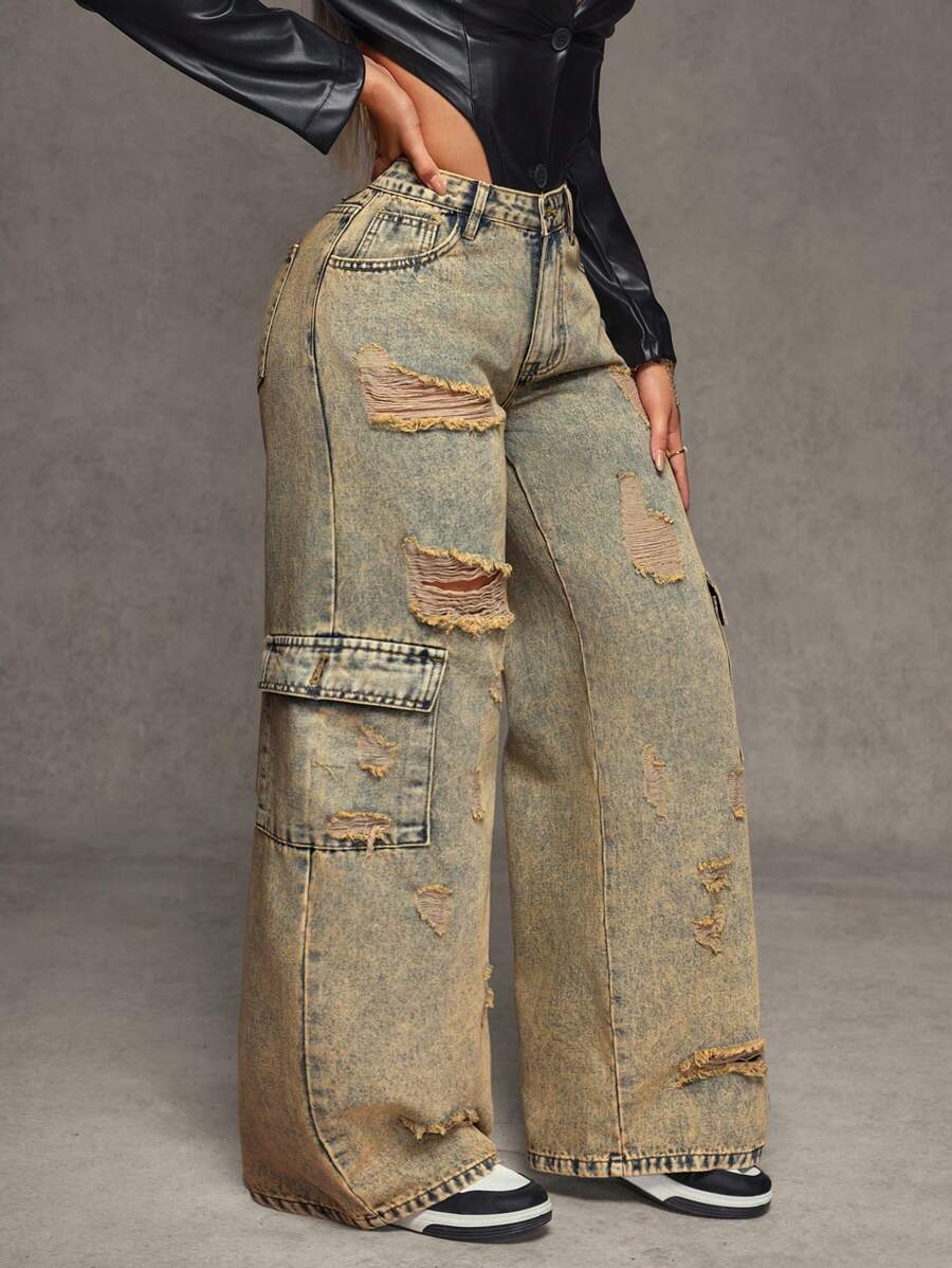 SHEIN SXY Women's Front Button Pocket Ripped Minimalist Casual Jeans - Blue - View 1