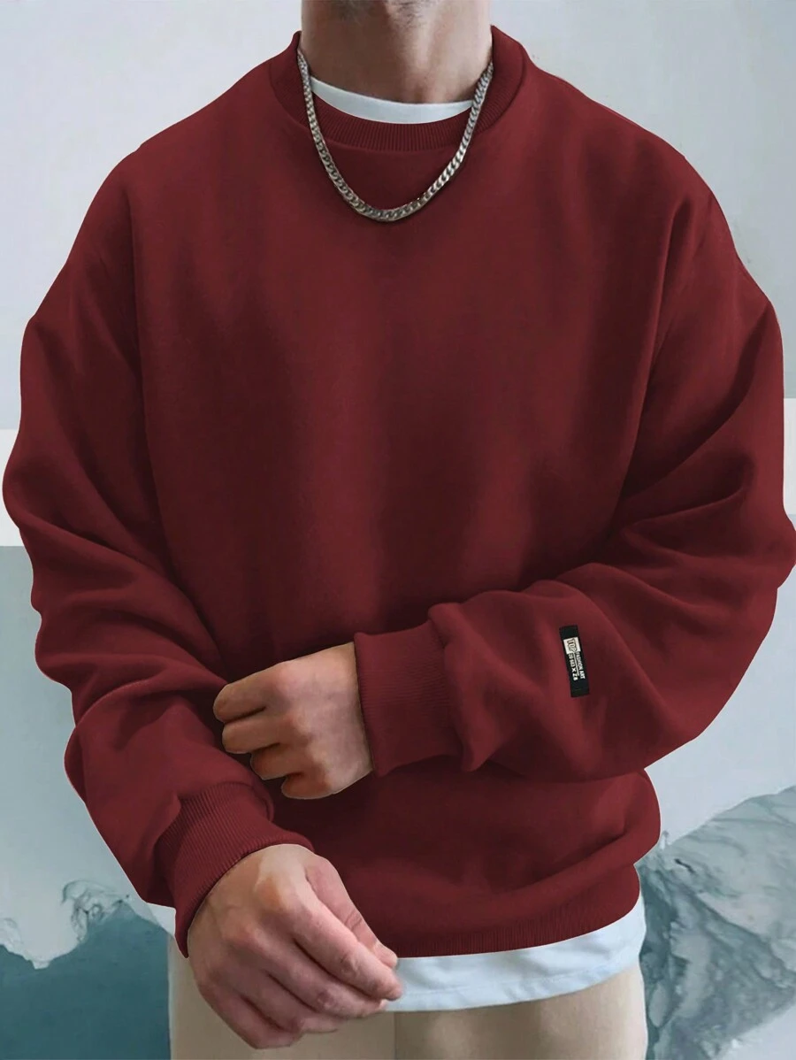 EURMUSE Men's Casual Graphic Print Crew Neck Long Sleeve Sweatshirt - Burgundy - View 1