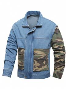 Manfinity Homme Men's Autumn Patchwork Camouflage Long Sleeve Utility Pocket Denim Jacket - Blue - View 1