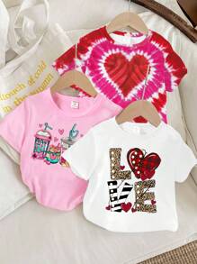 SHEIN 3 Sets Girls' Valentine's Day Cute Heart, Letter, Bear & Coffee Cup Colorful Heart Digital Print Short Sleeve T-Shirt, Comfortable Casual Spring/Summer Outfit