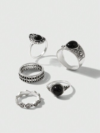 Goth 5pcs/Set Vintage Style Gemstone & Water Drop Ring Set