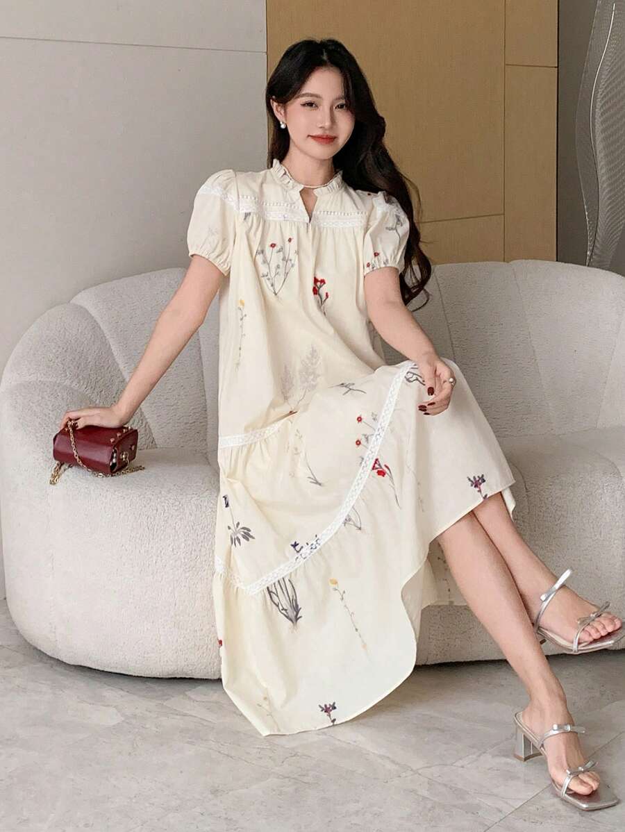 DAZY Vestido casual largo de verano para mujer con estampado floral, escote en V y mangas cortas abullonadas