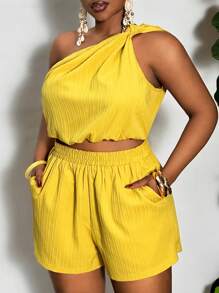 Slaydiva 休闲/假日纯色无袖扭纹下摆短款上衣和短裤套装，编织纹理面料，加大码女装 - F