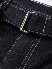 DAZY Quần Jeans Ống Rộng Rộng Có Thắt Lưng Họa Tiết Khâu Màu Tương Phản Dành Cho Nữ - Màu xanh lam - Xem 7