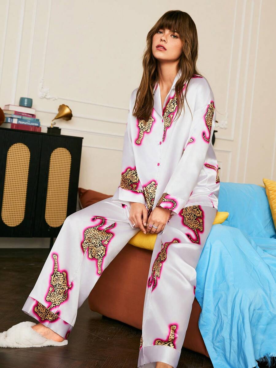 女士豹纹缎面睡衣套装 - 彩色 - 查看 1