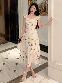 DAZY Robe midi à col carré à fleurs avec volant pour femmes, robe de soirée