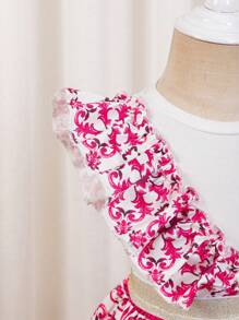 SHEIN Leap Crew Babygirl Summer Cute Floral Print Ruffled Trim Top And Skirt Set - Pink - View 6