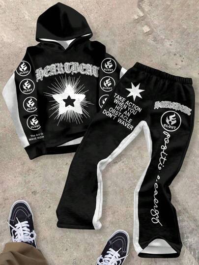 SHEIN Leap Crew Teen Boy Casual Loose Gothic Flame, Shining Stars Text Print Hooded Top And Pants 2 Pieces Outfit