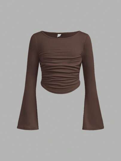 SHEIN Girlism Maglietta a maniche lunghe da ragazza con scollo a equipaggio, arricciata, a maniche allargate, casual e slim