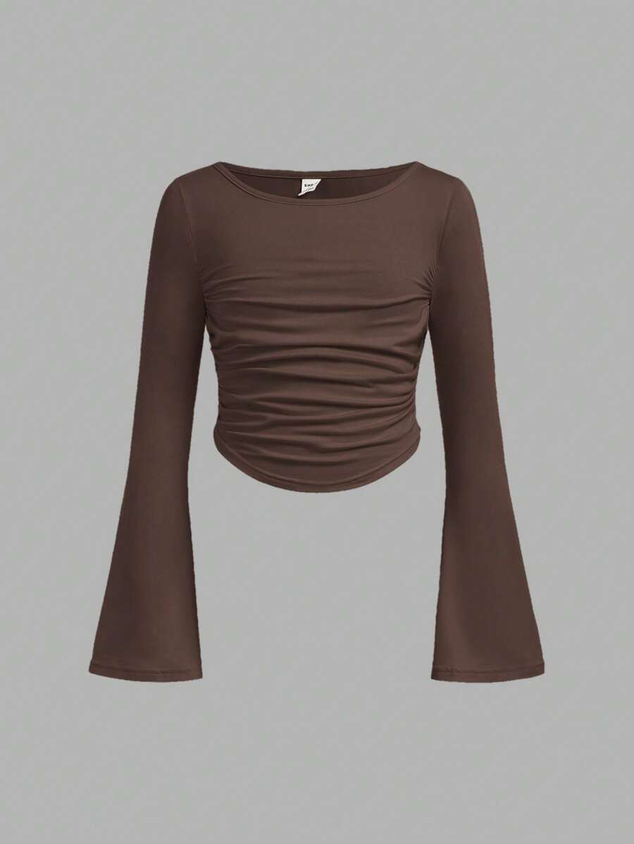 SHEIN Girlism Koszulka dla dziewcząt w stylu tween, dopasowana, swobodna, z okrągłym dekoltem, marszczonymi, rozszerzanymi rękawami i długim rękawem