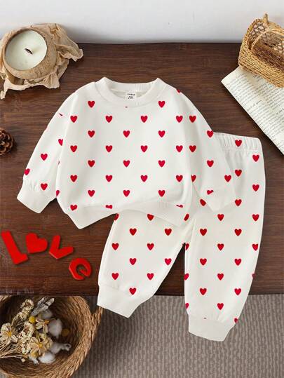 SHEIN Vintaside Kids 2pcs Baby Girls' Valentine's Day Heart Print Sweatshirt And Sweatpants Set