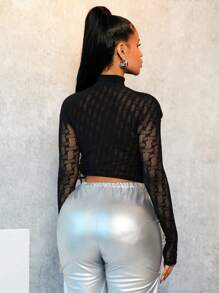 BamGleam 女士高领长袖短款修身性感提花衬衫 - 黑色 - 查看 2