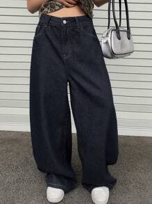 DAZY 女士复古宽松直筒牛仔裤 - 深色水洗藍 - 查看 5