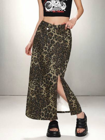 SHEIN MOD MOD Women Fitted Denim Skirt Casual With Leopard Print Side Slit, Thanksgiving Women Fall Women, Cowgirl Women